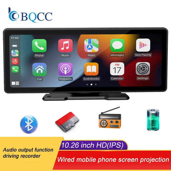 BQCC – écran Carplay Portable sans fil de 10.26 pouces, caméra de recul HD, autoradio DVR MP5, lecteur vidéo multimédia, Android Auto