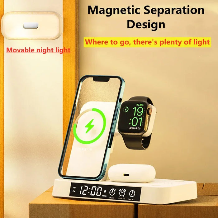 Cargador inalámbrico 3 en 1 de 30W, soporte con alarma, reloj con luz nocturna, estación de carga rápida para iPhone, Samsung, Galaxy, Watch, IWatch