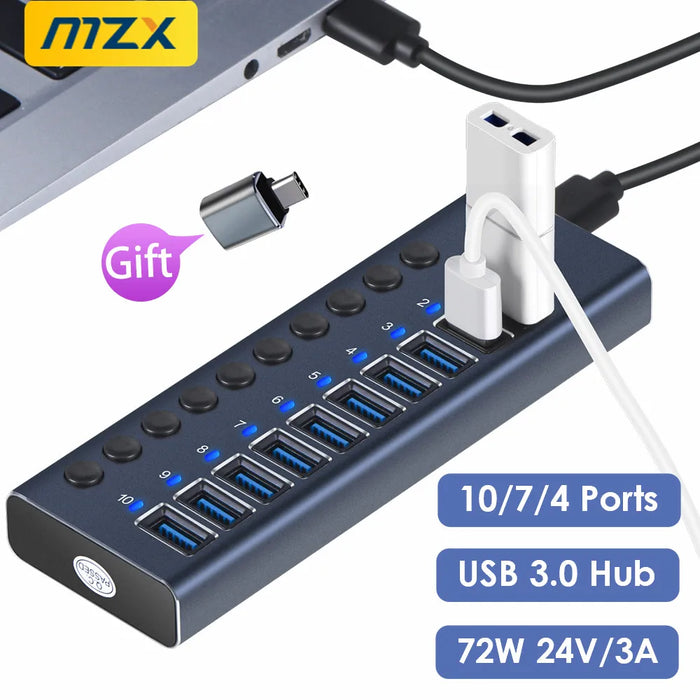 MZX 10 7 4 Port USB Hub 3.0 Aluminum A 3 0 Multi-hub Splitter Concentrator Dock Multiple Extensor Switch Adapter Docking Station