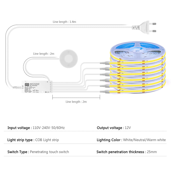 Tira de luz LED COB para exhibición de colección debajo del gabinete para estantería, armario y guardarropa con sensor táctil regulable