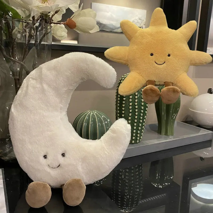 Bonita cara sonriente, Luna blanca, sol amarillo, Animal relleno para decoración de habitación de niños, cojín para sofá, figura de caramelo