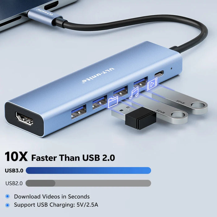 USB-C-Hub, 6-in-1-USB-C-auf-HDMI-Splitter, 4 USB-3.0-Datenanschlüsse, USB-C-Adapter mit 4K60Hz-HDMI-Anschluss, PD 100-W-Aufladung für iPad Pro