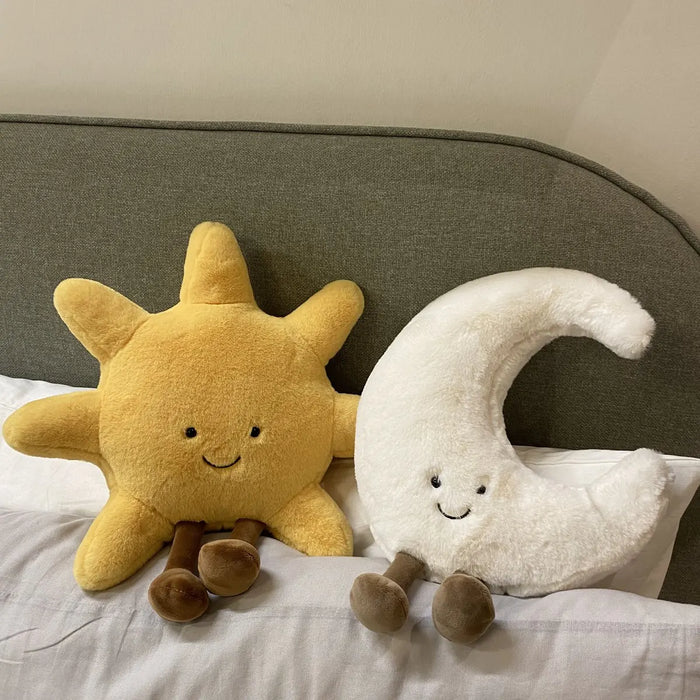 Bonita cara sonriente, Luna blanca, sol amarillo, Animal relleno para decoración de habitación de niños, cojín para sofá, figura de caramelo