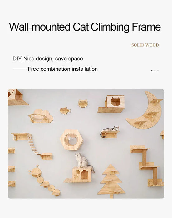 Sistema trepador para gatos de madera montado en la pared: estantes y escaleras elegantes para su gato