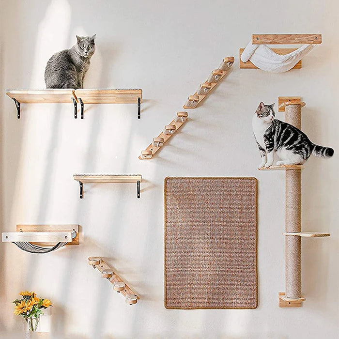 Sistema trepador para gatos de madera montado en la pared: estantes y escaleras elegantes para su gato