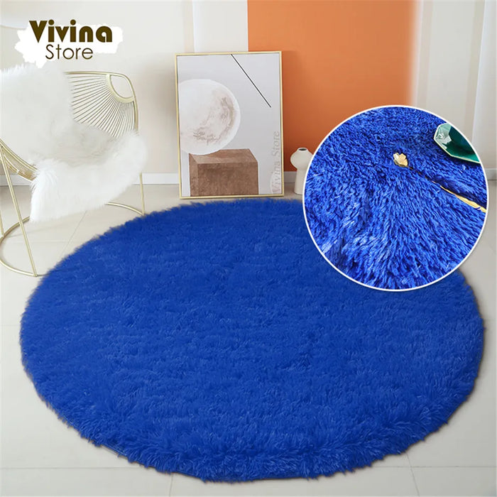 Round Green Plush Rug for Living Room - Fluffy Carpet for Sofa and Chairs, Long-Haired Floor Mat for Bathroom and Kids' Room Décor