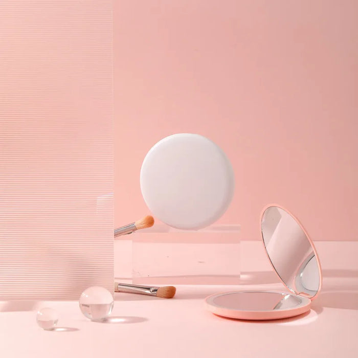 Espejo de maquillaje plegable cosmético con luz LED pequeño personalizado para damas con efecto luminoso - Mini espejo blanco rosa