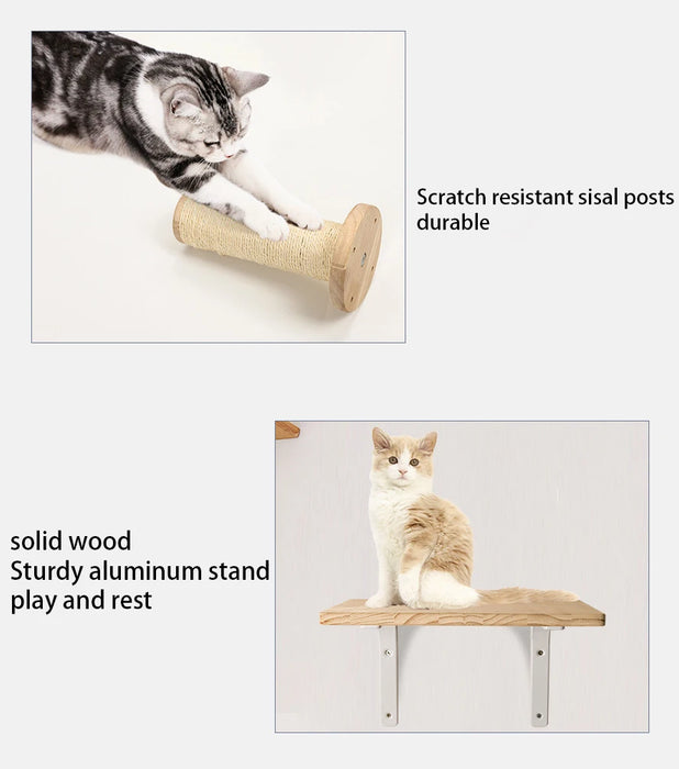 Cat Climbing Shelves Wall Mounted Wooden Cat Tree with Claw Furniture and Rope Ladder for Sleeping and Playing