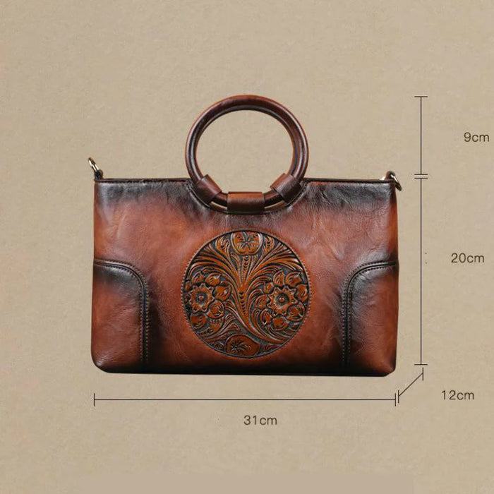 Elegant Handmade Floral Embossed Leather Shoulder Bag - Vintage Large Capacity Handbag for Women