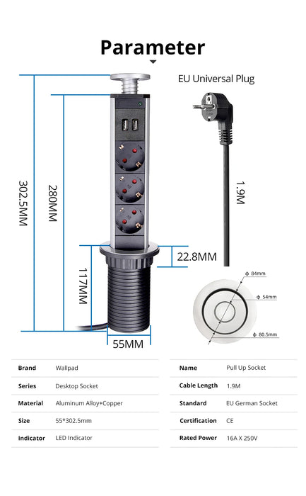 Prise Pop Up Murale avec 3 Sorties et Ports USB 2,4A - Rallonge 2M en Aluminium Déroulable pour Tablette de Cuisine