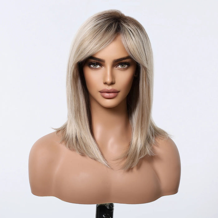 Perruque synthétique mi-longue droite pour usage quotidien – Perruque blonde brune avec frange et racines foncées pour cosplay et fêtes, fibre résistante à la chaleur