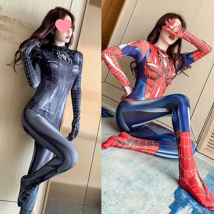 Spiderman Cosplay Sexy Zentai Bodysuit für Damen und Mädchen, Overall im schwarzen Spiderman-Kostüm für Halloween und Karnevalsparty