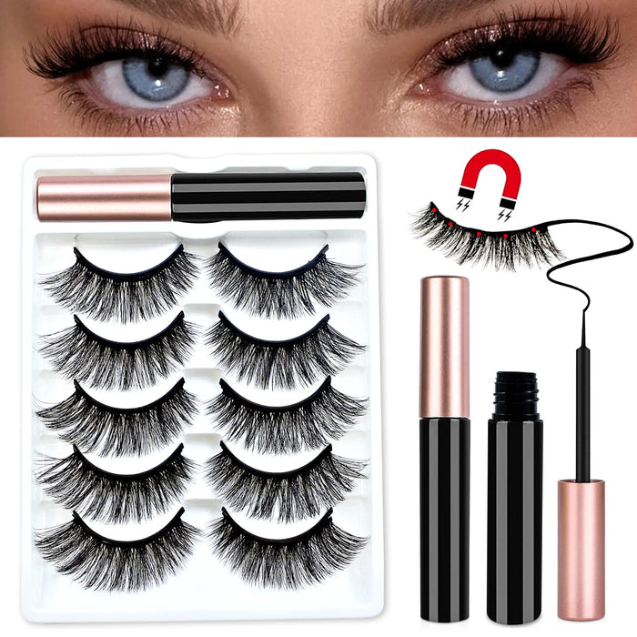 REDSIREN 5 Paar magnetische Wimpern mit Eyeliner, wiederverwendbar, dicke natürliche Wimpern, neue 5-teilige magnetische falsche Wimpern