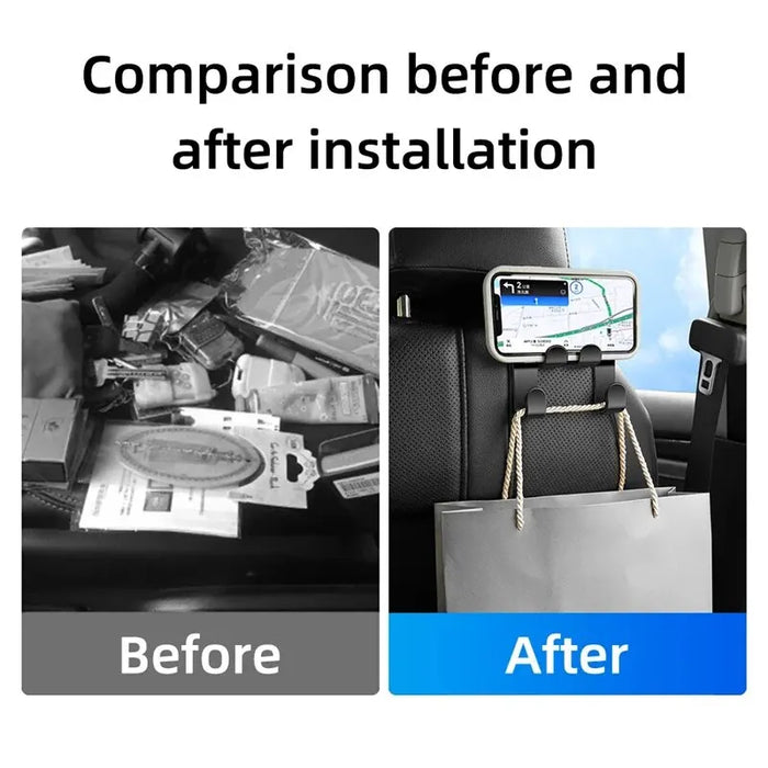 Organizador del asiento trasero con colgador para reposacabezas: soporte para teléfono para automóvil y accesorios interiores