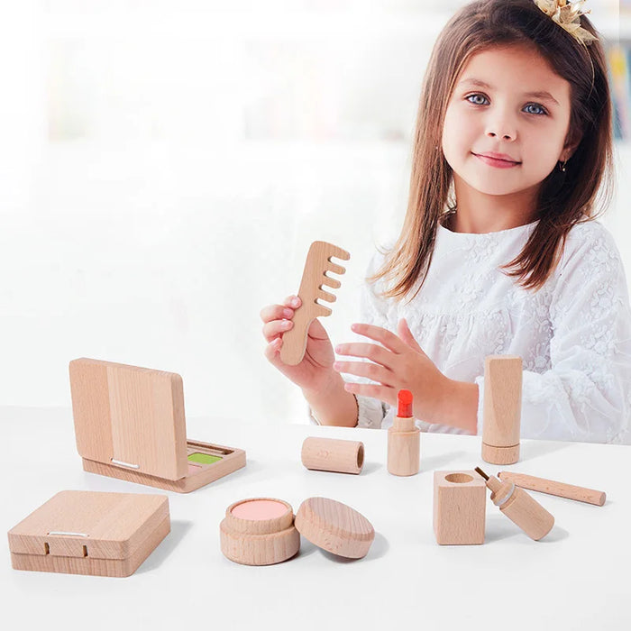 Spiel-Make-up-Set aus Holz für Mädchen – simulierte Schönheitsprodukte mit Lippenstift und Lidschatten – perfektes Geschenk für Kleinkinder