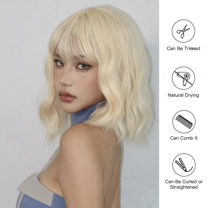 Short Curly Blonde Bob Wigs with Bangs in Platinum Gold for Lolita Cosplay - Heat Resistant Wigs for Women for Daily Wear and Party