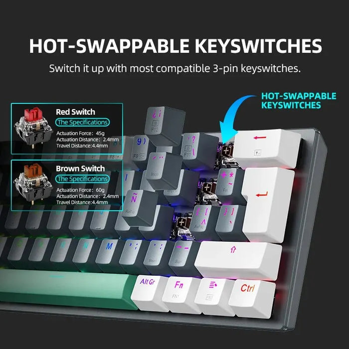 MACHENIKE K500-B61W Teclado mecánico inalámbrico diseño 60% ANSI teclado inalámbrico para juegos RGB trimodo intercambiable en caliente para jugadores