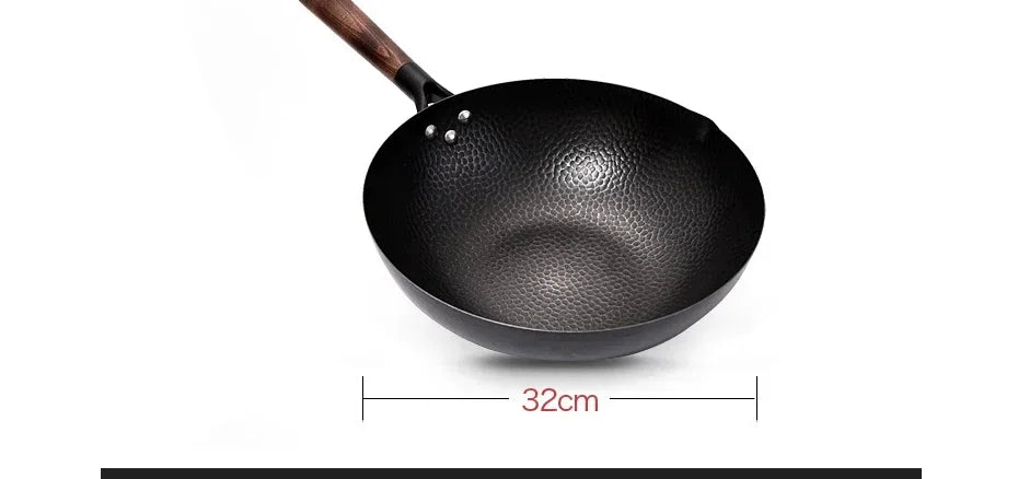 Wok Tradicional de 32 cm en Acero al Carbono - Antiadherente Premium con Tapa de Madera para todo tipo de fogones