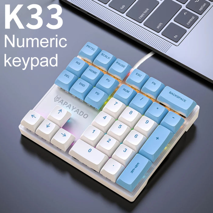 APAYADO K33 Mini teclado numérico de 33 teclas, tipo eje mecánico azul, RGB, tecla PBT para economía/contabilidad/finanzas