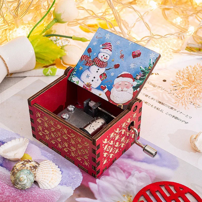 Wooden hand-operated octave box with Christmas music - Exclusive painting and perfect Christmas gift