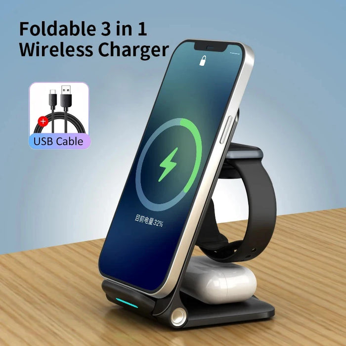 Chargeur sans fil pliable 3 en 1, Station de charge sans fil, support de chargeur sans fil rapide pour iPhone 15 Samsung Galaxy S24 Xiaomi