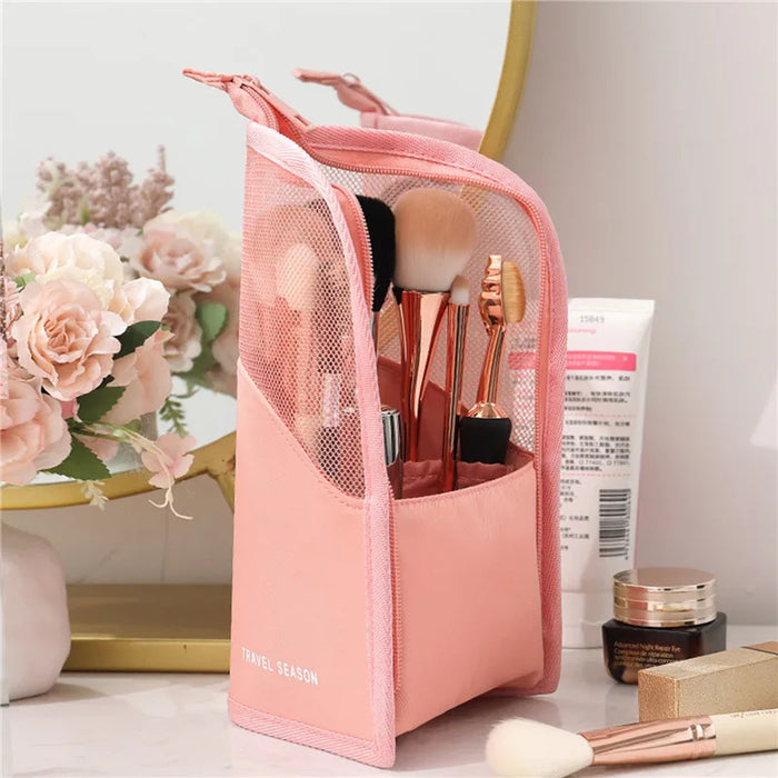 Makeup Brush Holder for Travel - Waterproof Cosmetic Bag, Foldable Makeup Mug with Zipper (Black + Pink)