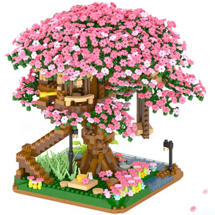 Arbre en fleurs de cerisier et maison de train à couleurs changeantes, 2138 pièces, Kit de construction créatif pour enfants et adultes