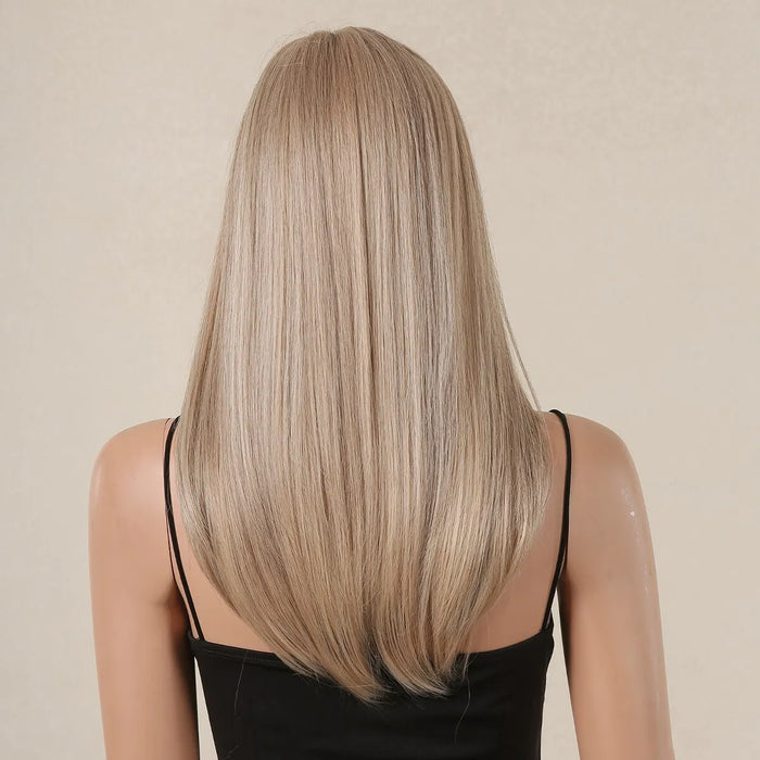 Perruque blonde avec mèches brunes – Perruque synthétique longue et lisse pour femme, aspect naturel avec frange, résistante à la chaleur pour cosplay