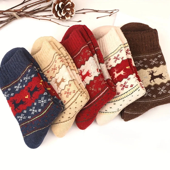 5 paires de chaussettes épaisses à motif d'élan - Chaussettes de Noël confortables et chaudes pour femmes