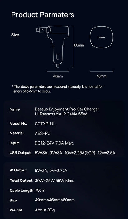 Chargeur de voiture Baseus 60W 2 en 1 avec câble rétractable SCP 25W QC PD 30W chargeur rapide pour iPad iPhone 16 15 14 13 Pro Samsung