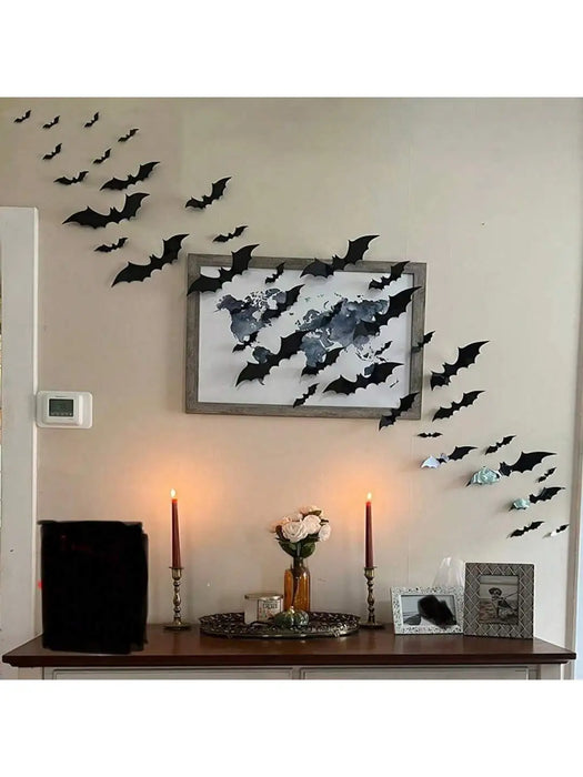 Paquete de 60 decoraciones de murciélagos negros 3D - Decoraciones de pared impermeables para Halloween