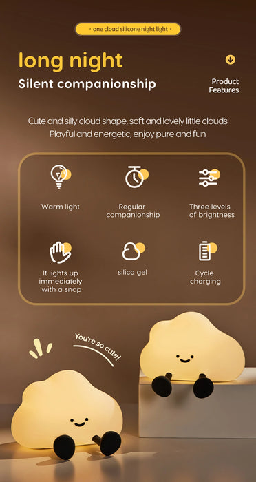Söt Moln Nattlampa i Silikon – USB-laddningsbar, Touch Sensor, Perfekt för Barnrum och Julklappar