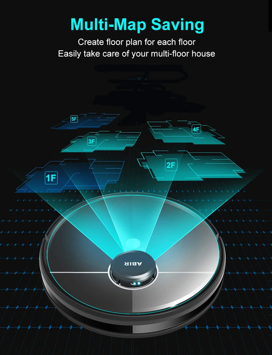 Aspirateur robot ABIR R30 avec station de vidange automatique, puissance d'aspiration de 6500 PA, cartographie multi-étages et nettoyage humide-sec personnalisé