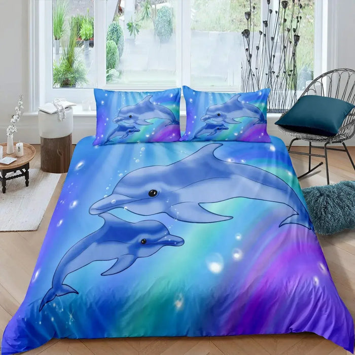 Juego de cama 3D con motivo de delfines - Motivo de mar azul en tamaño Queen y King para niños y adultos