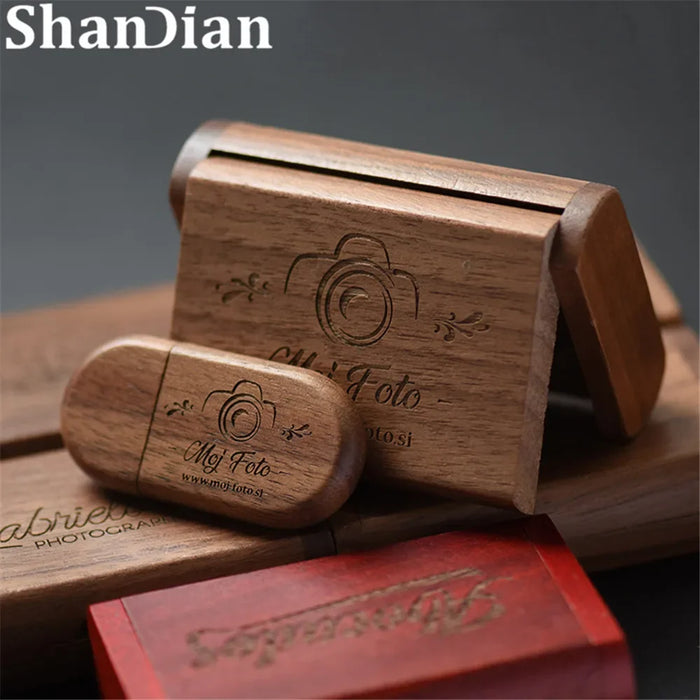 SHANDIAN Free LOGO Wooden + Box USB 2.0 Pen Drive 4GB 16GB 32GB 64GB Flash Drive Wedding Photography Gift U Disk