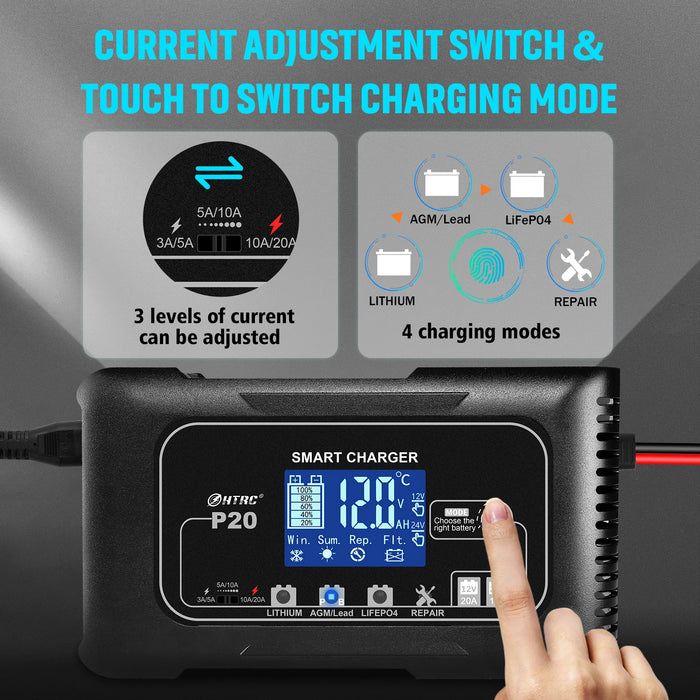 HTRC P20/P15/P10 12 V-24 V chargeur de batterie de voiture LCD réparation automatique d'impulsion charge pour Lifepo4 AGM chargeur de batterie au Lithium au plomb