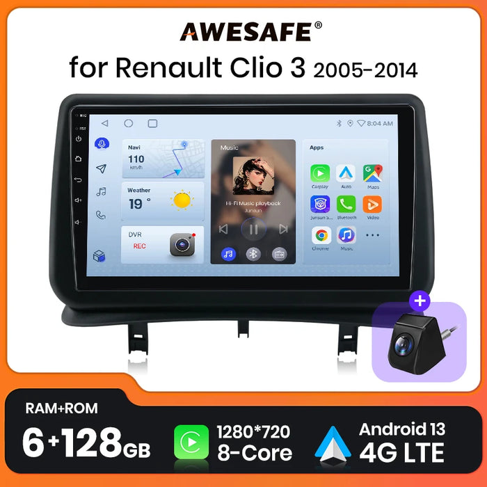 Autoradio CarPlay sans fil AWESAFE PX9 pour Renault Clio 3 2005-2014 - Système multimédia avec Android Auto et fonctionnalités intelligentes