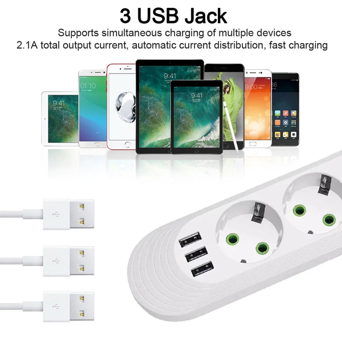 Boîte de jonction de prise ue avec 5 prises et 3 Ports USB, rallonge de 2M, prise ca à broches rondes, adaptateur multi-connecteur 2500W