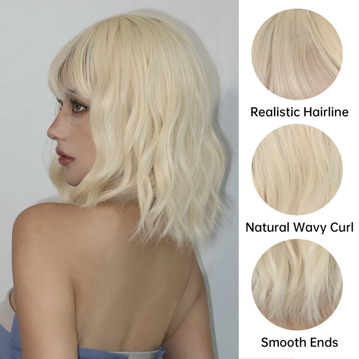 Short Curly Blonde Bob Wigs with Bangs in Platinum Gold for Lolita Cosplay - Heat Resistant Wigs for Women for Daily Wear and Party