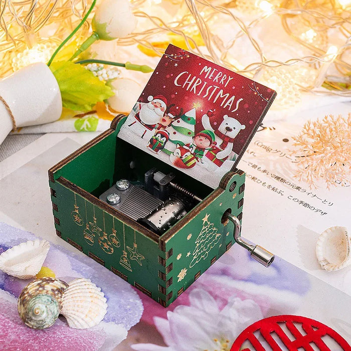 Wooden hand-operated octave box with Christmas music - Exclusive painting and perfect Christmas gift