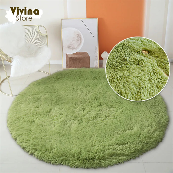 Round Green Plush Rug for Living Room - Fluffy Carpet for Sofa and Chairs, Long-Haired Floor Mat for Bathroom and Kids' Room Décor