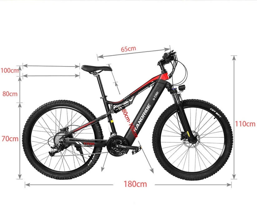 Nueva bicicleta eléctrica RANDRIDE de 1000W, bicicleta eléctrica de 27,5 pulgadas en aleación de aluminio con suspensión total y batería de litio de 48V 17AH