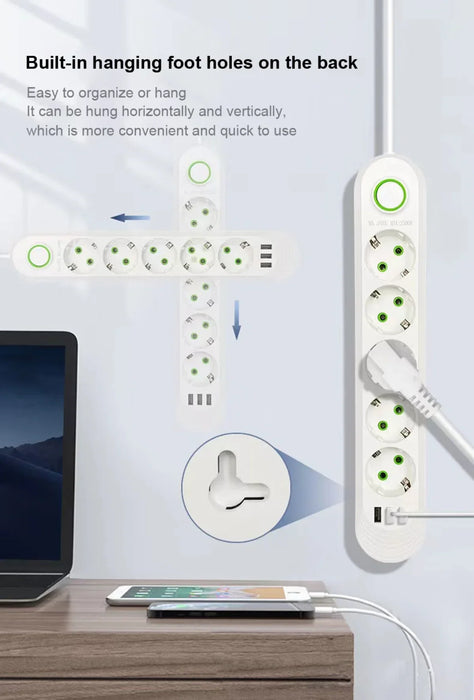 Boîte de jonction de prise ue avec 5 prises et 3 Ports USB, rallonge de 2M, prise ca à broches rondes, adaptateur multi-connecteur 2500W