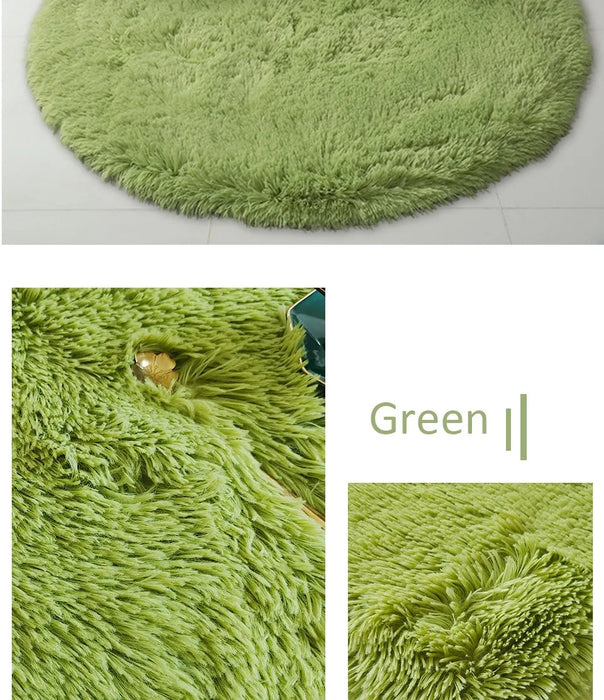 Round Green Plush Rug for Living Room - Fluffy Carpet for Sofa and Chairs, Long-Haired Floor Mat for Bathroom and Kids' Room Décor