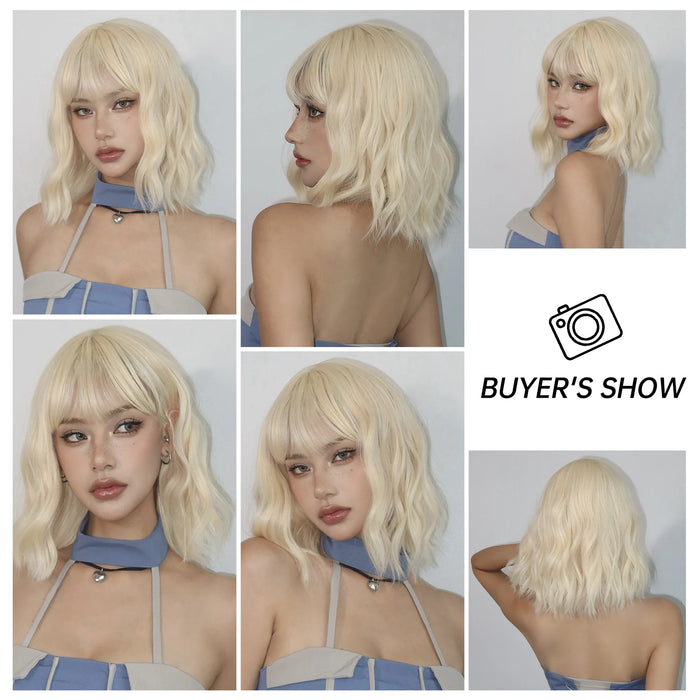 Short Curly Blonde Bob Wigs with Bangs in Platinum Gold for Lolita Cosplay - Heat Resistant Wigs for Women for Daily Wear and Party