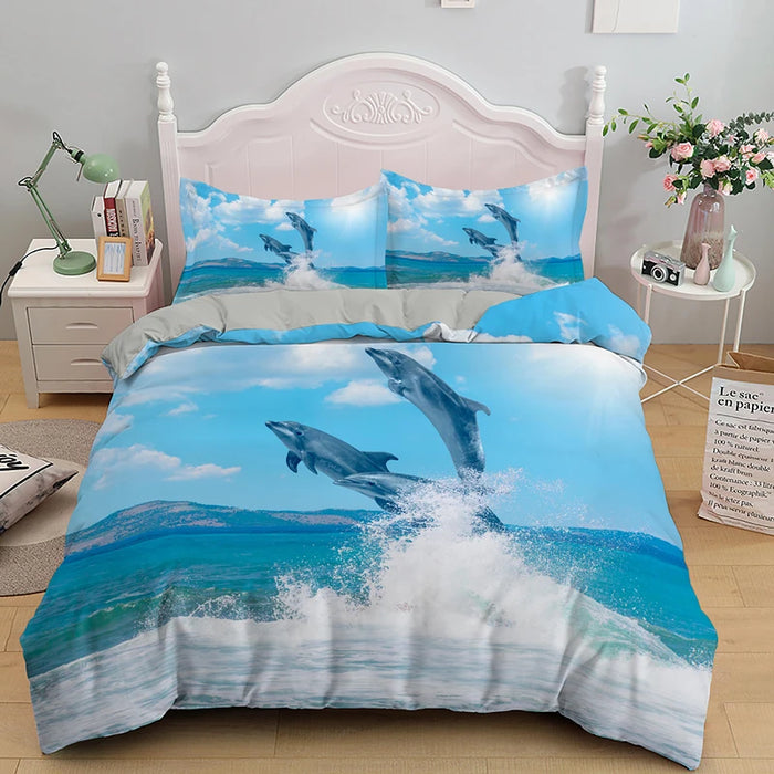 Juego de cama 3D con motivo de delfines - Motivo de mar azul en tamaño Queen y King para niños y adultos