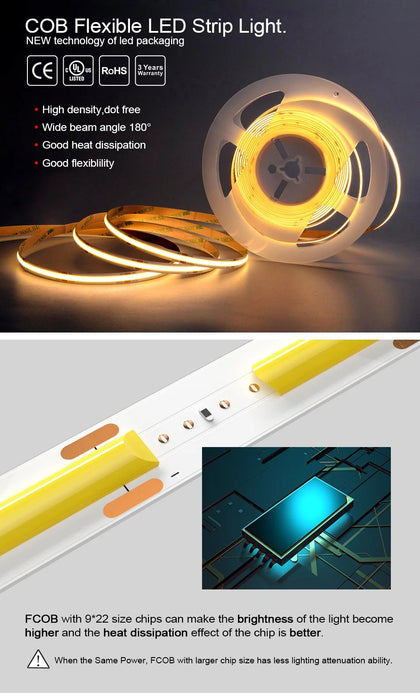 High-Density COB LED Strip Light 5m with 320-480 LEDs/m, 3000-6500K Adjustable Color Temperature, Dimmable DC12V/24V Lighting Solution