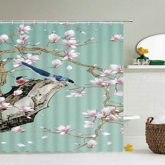 Rideau de douche en forme d'arbre à fleurs et oiseaux de Style chinois, imperméable, décor de salle de bain avec crochets, rideau de bain imprimé en 3D