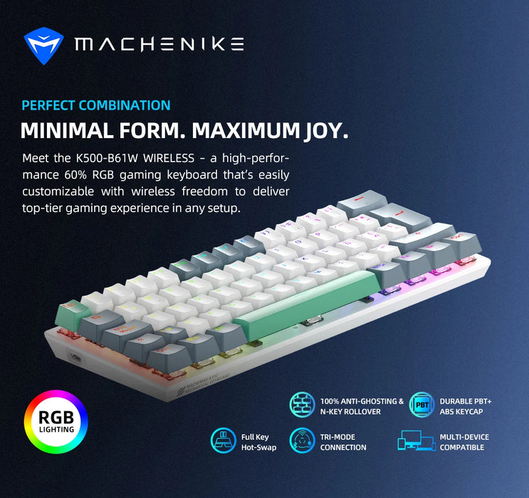 MACHENIKE K500-B61W Teclado mecánico inalámbrico diseño 60% ANSI teclado inalámbrico para juegos RGB trimodo intercambiable en caliente para jugadores