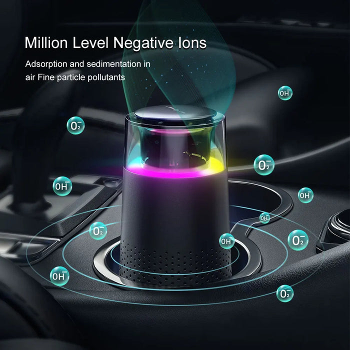 Purification de l'air / Triple filtration / Concentration d'ions négatifs 800 W / Contrôle tactile / Lumière atmosphérique / Port USB / Double usage pour voiture et maison